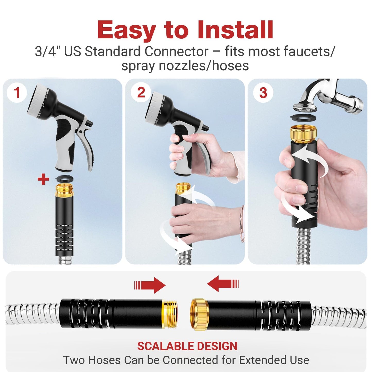 Lefree 100ft Metal Garden Hose - Heavy Duty 304 Stainless Steel Flexible Water Hose, No Kinks & Leak-Proof with Upgraded Handle, 10-Function Spray Nozzle & 4 Spare Gaskets for Yard, RV, Pet Bath