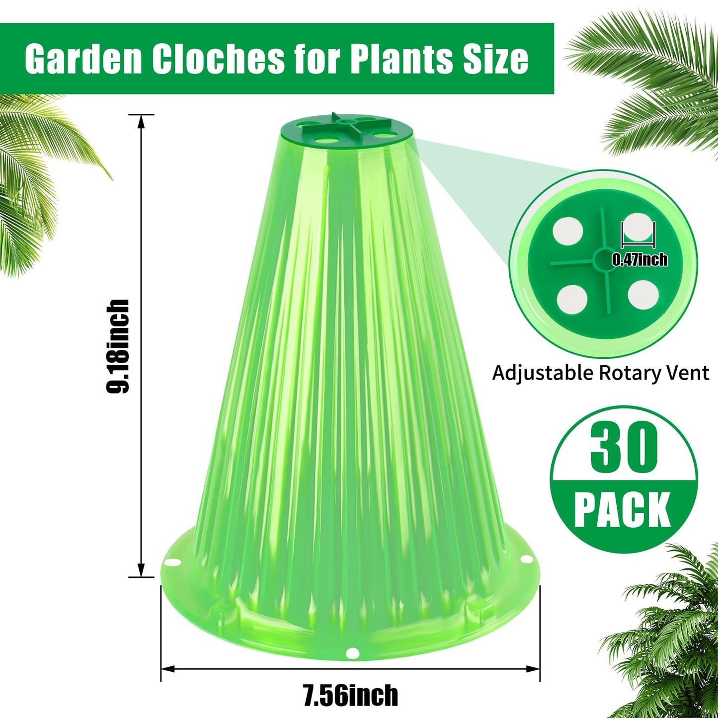 UQM 30 Pack Garden Cloches for Plants, Reusable Bell Plant Protector with Rotary Vent Cover, Garden Protection from Animals Snails Birds Chickens Insect, 9.18" H X 7.56" D (Green)