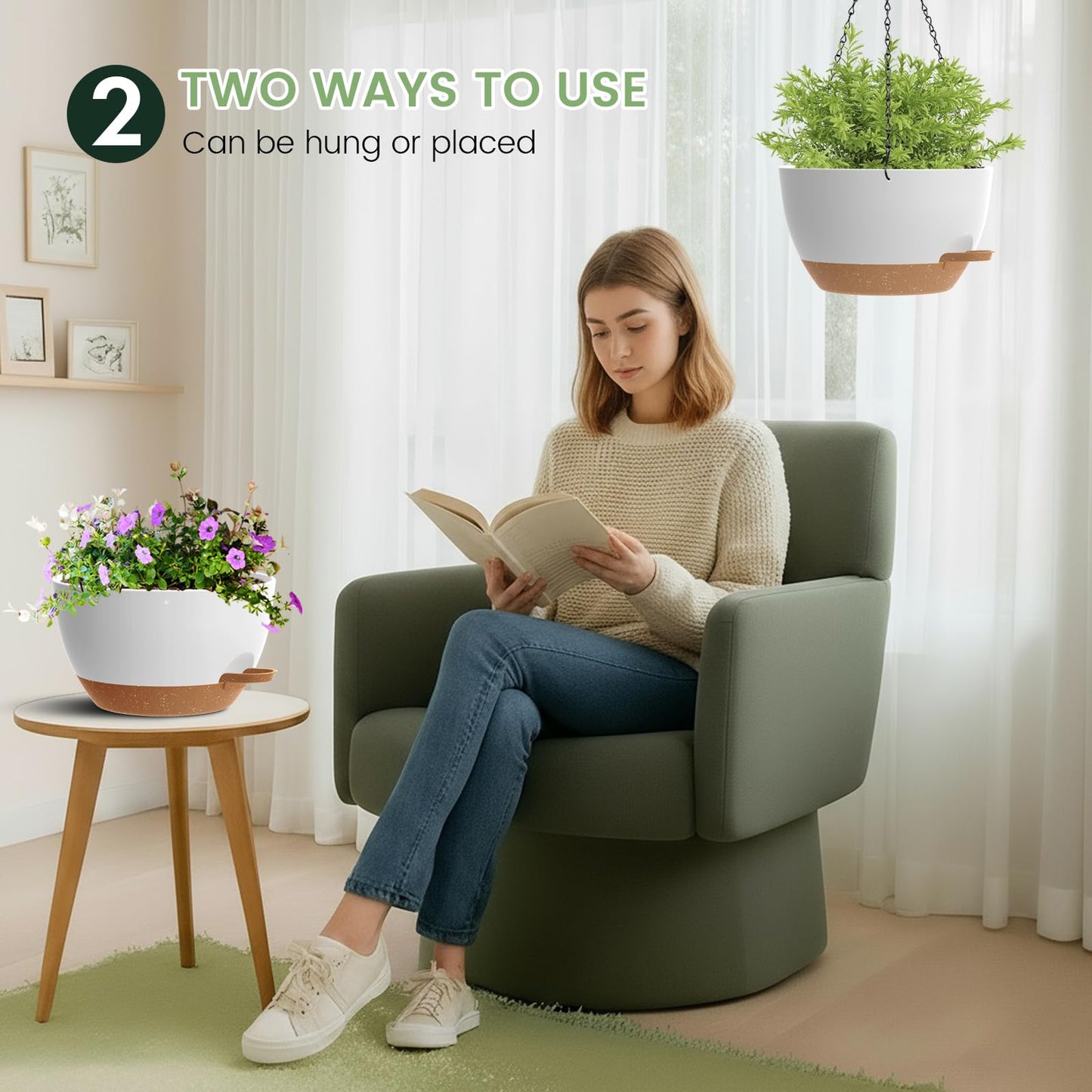 3 Pack 10 Hanging Flower Pots with Chains Self Watering Plastic Planters for Indoor Outdoor Plants, Sturdy Triangular Iron Chain Design for Garden PorchPlastic hanging flower pots (3, White-brown)
