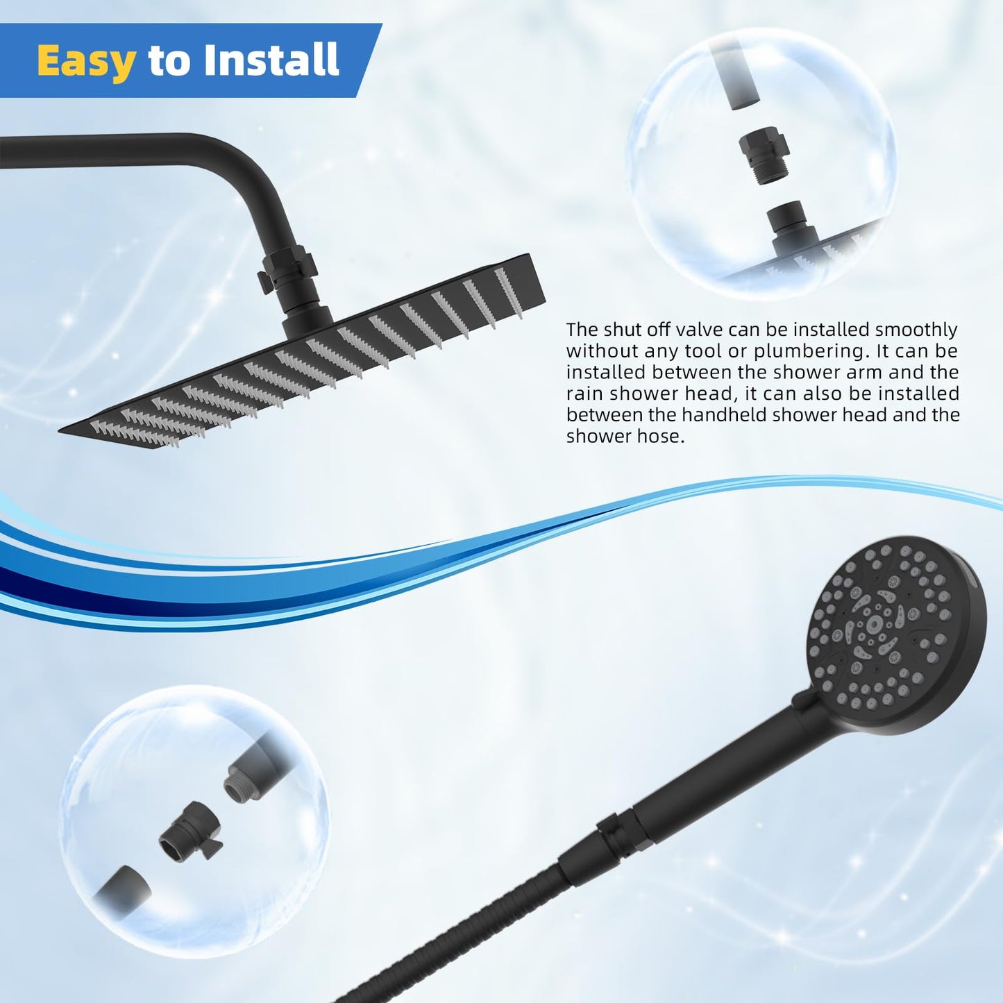 Hibbent All Metal 1 Pack Shower Head Flow Control Valve, G1/2 Brass Shut-off Valve with Metal Handle Lever, Shut OFF Water Flow Control Regulator for Handheld Shower, or Bidet Sprayer, Matte Black