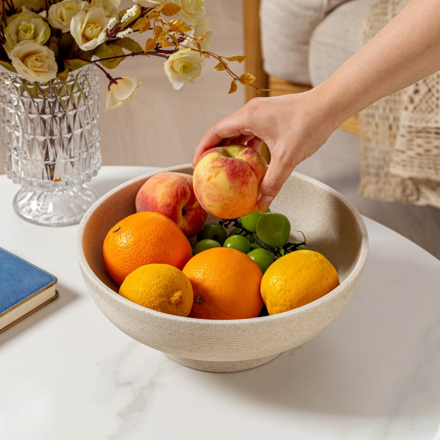 WUUAHOME Large Decorative Fruit Bowl for Kitchen Counter, Sandstone Look Modern Minimalist Snack Candy Bowl for Table Centerpiece Decor, Home, Office, Hotel, Entryway (Beige)