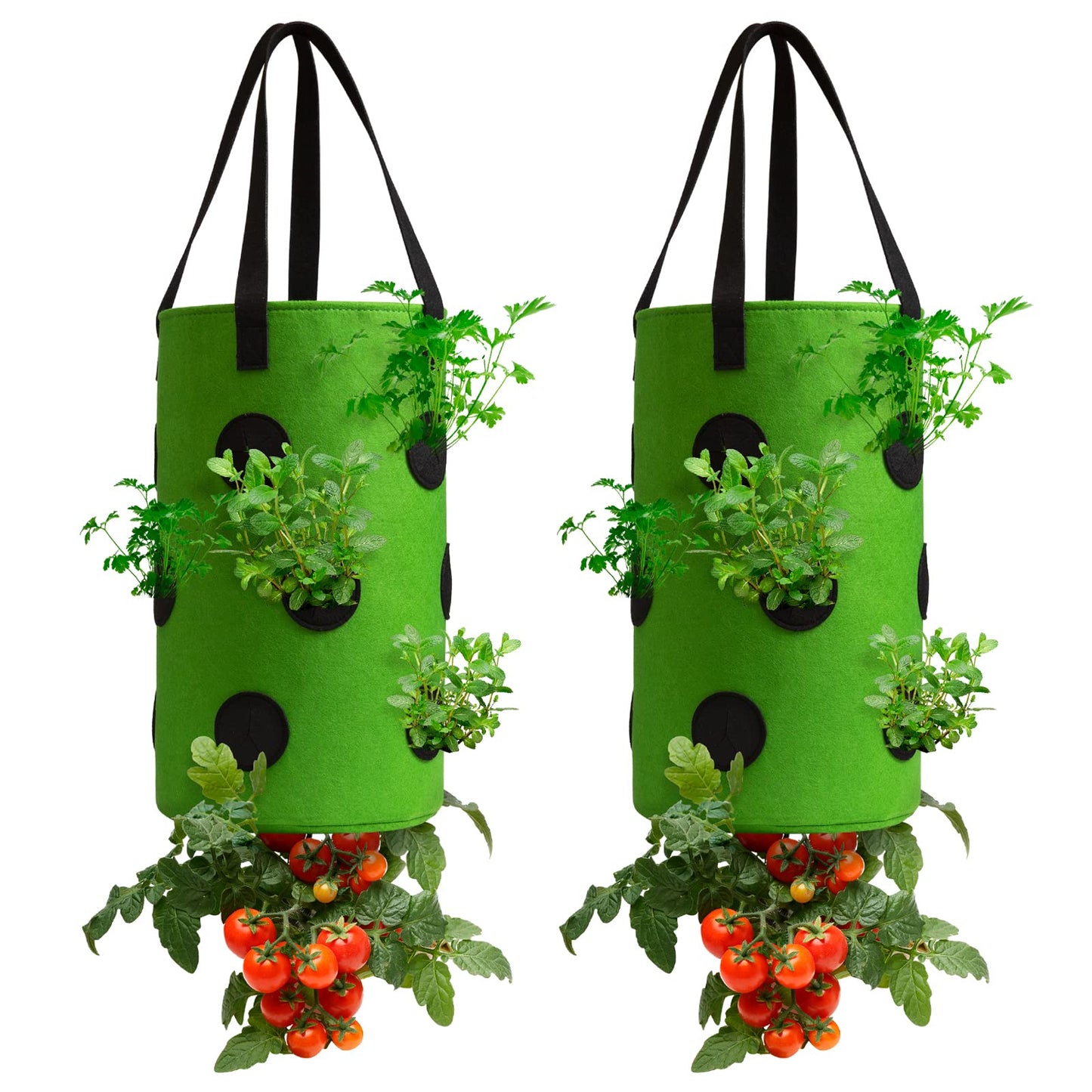 Homyhoo 2 Pack Green Upside Down Tomato & Herb Planter, Outdoor Hanging Durable Aeration Fabric Strawberry Planter Bags