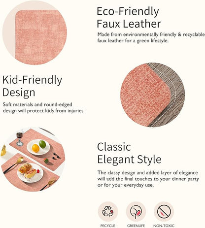 Maxpearl Faux Leather Placemats Set of 4 - Waterproof - Wipe Clean - Heat Resistant - Anti Slip Dining Table Place Mats, Suitable for Indoor & Outdoor Use, 17’’×12’’, Peachy Pink
