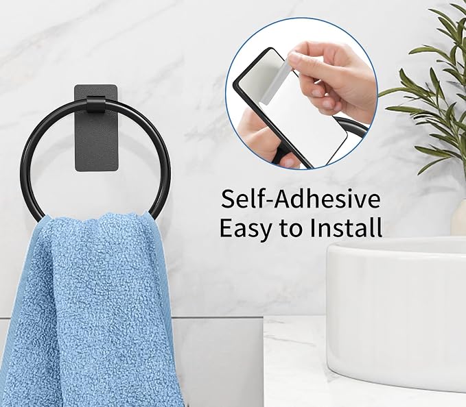 STWWO Adhesive Towel Ring, Hand Towel Holder for Bathroom, Adhesive Round Towel Ring for Bath RV, Black