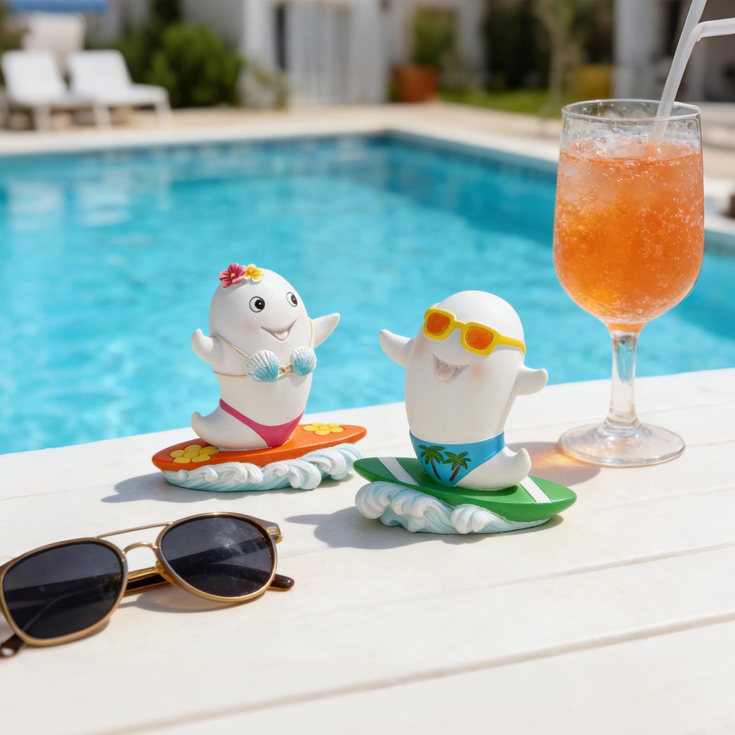DiliComing Summerween Ghost Figurines Summer Decor - 4 Inch Set of 2 Cute Surfing Ghost Resin Statues Summer Party Tropical Beach Themed Collectible Figurines for Home Decor Halloween Decorations