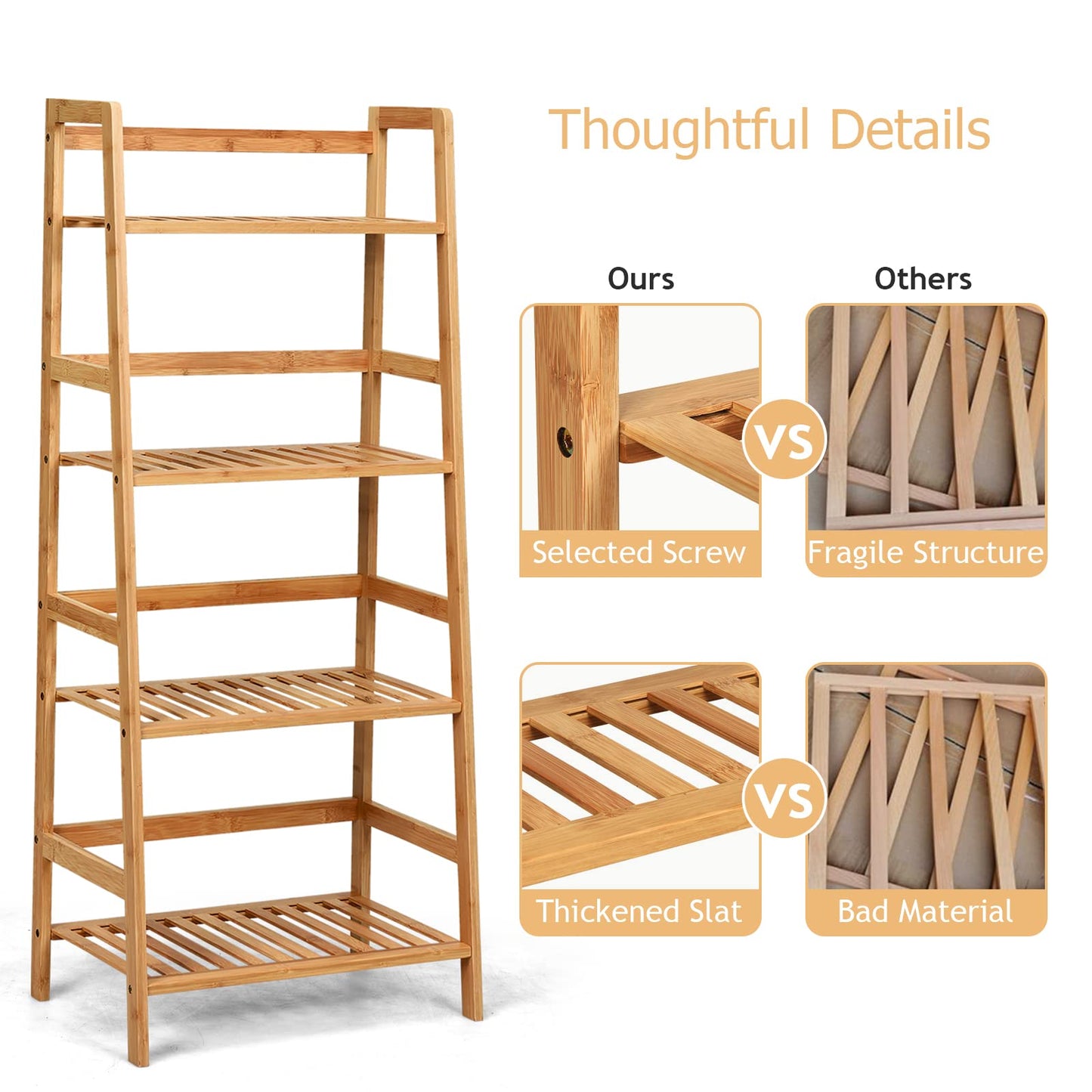 COSTWAY 4-tier Ladder Shelf, Bamboo Plant Stand Rack, Freestanding Bookshelf, Multifunctional Storage Shelves, Flower Stand Rack Holder for Garden, Balcony, Living Room, Bedroom (Natural)