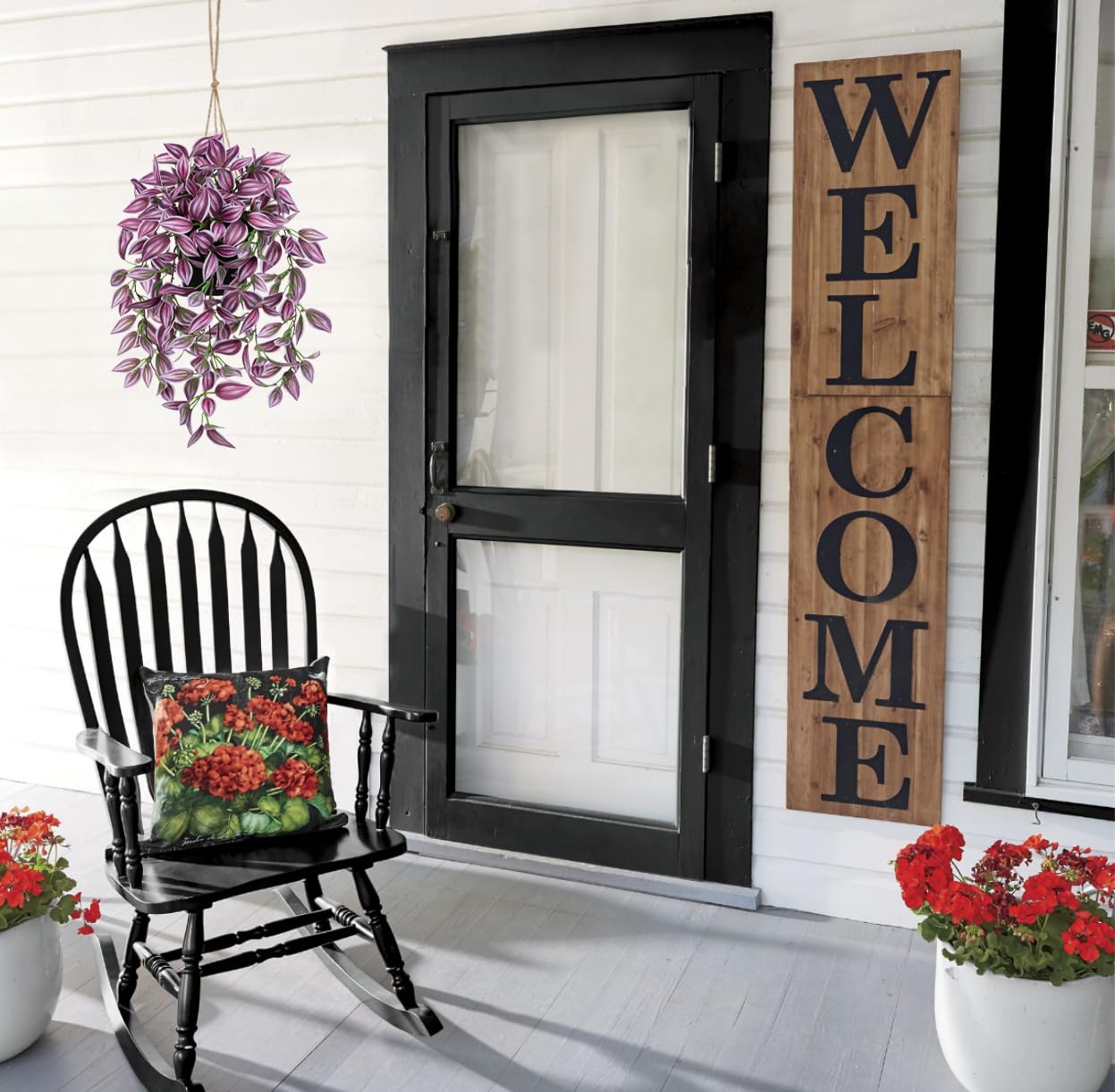 Briful Fake Hanging Plants 17.7" Faux Watermelon Peperomia Silk Plants with Black Pot Artificial Hanging Greenery for Home Garden Balcony Front Porch Outdoor Decor