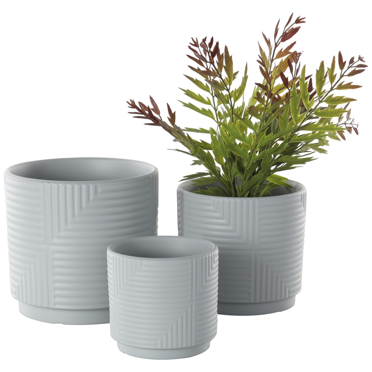 Deco 79 Ceramic Indoor Outdoor Planter Small Planter Pot with Layered Square Shaped Grooves, Set of 3 Planters 7", 6", 4"H, Gray