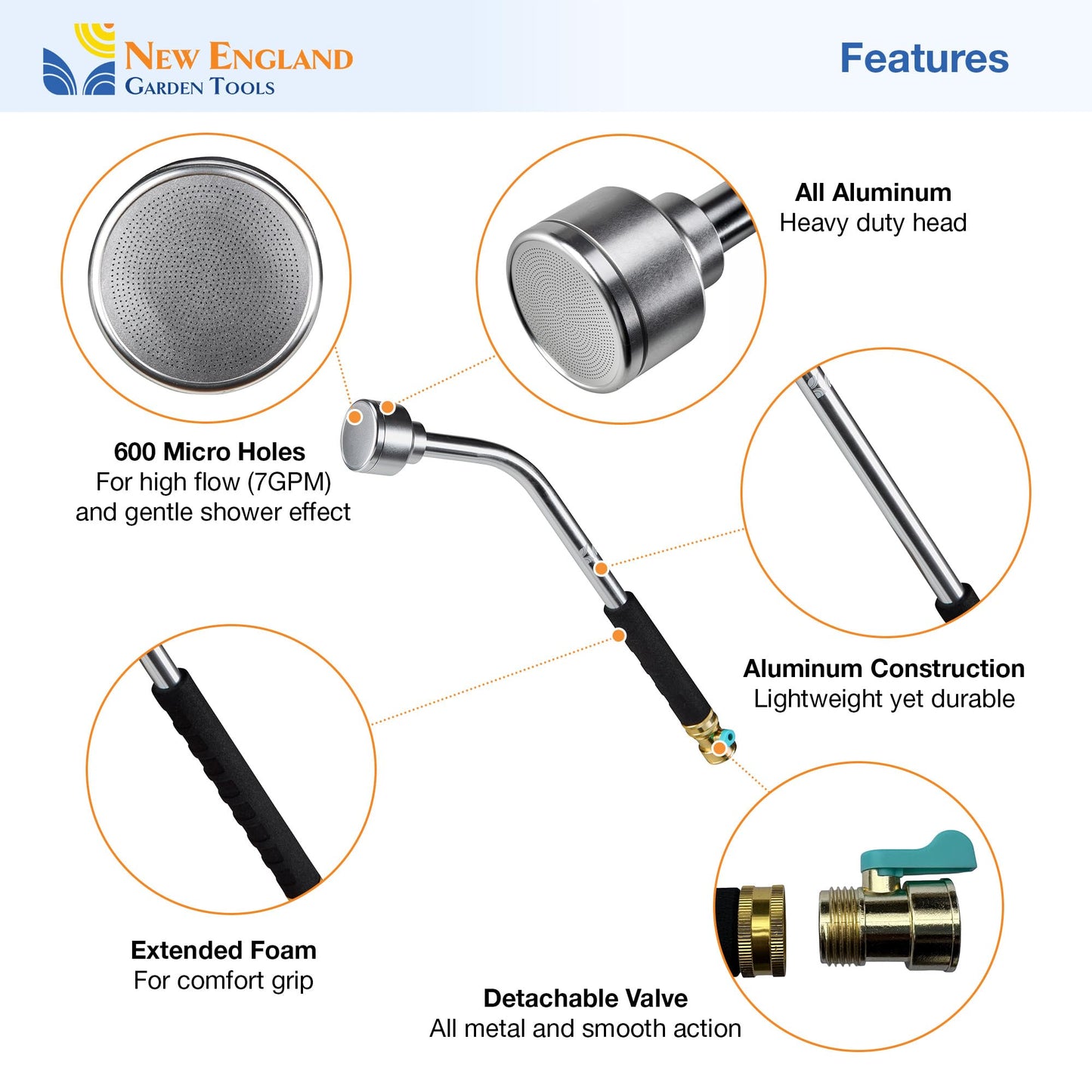 18 Inch Soft Rain Watering Wand 600007, Gentle Shower Spray, Heavy Duty Lightweight Metal Build, Comfort Grip, Flow Control Shut Off Valve, for Plants, Yards, Cars & Pets, by New England Garden Tools