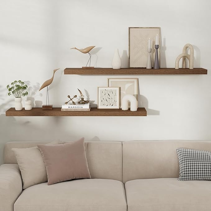 Fun Memories Floating Shelves for Wall, 48 Inch Long Set of 2 Rustic Wood Wall