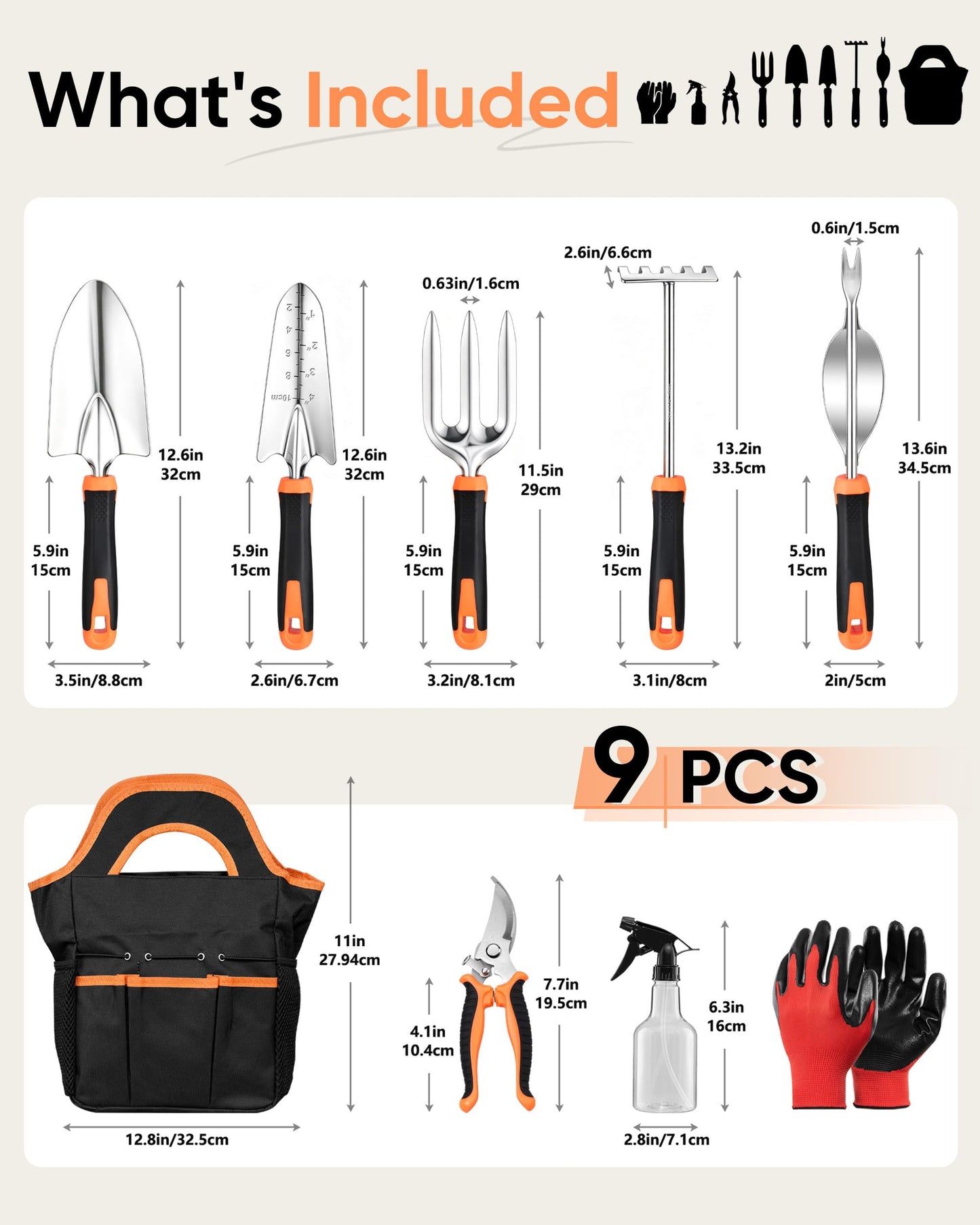 9-Piece Stainless Steel Garden Tools Set, HaSteeL Outdoors Gardening Hand Utensils Kit with Storage Bag, Rust Resistant, Heavy Duty, Gift for Women/Man/Gardeners