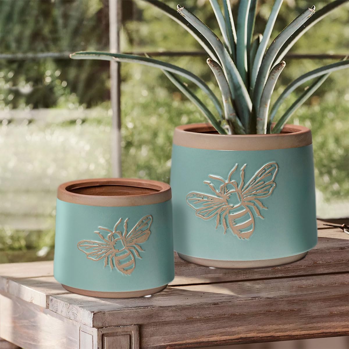 YBX Terracotta Pots with Drainage Holes, Bee Decor, Planter for Indoor Plants, Flower Pots Indoor Succulent, Herbs, Snake Plants (Turquoise, 6+4 Inch)