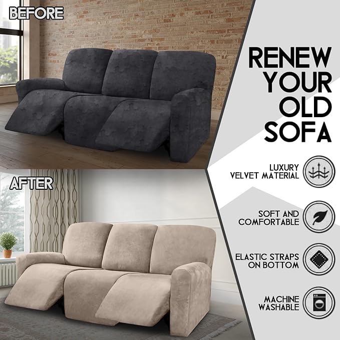 ULTICOR Velvet 8-Pieces Recliner Sofa Covers Stretch Reclining Couch Covers