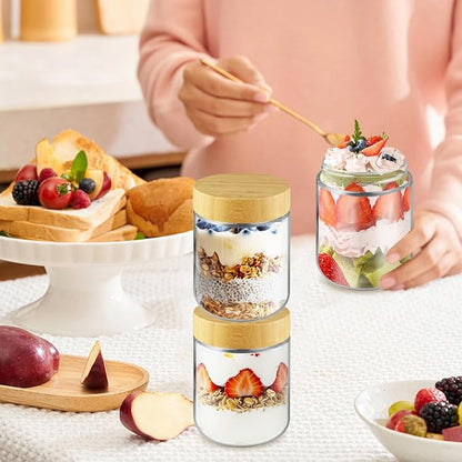 Wresty Empty Clear Glass jars with Airtight Lids Overnight Oats Containers Glass Food Storage Containers Glass Mason Jars For Yogurt Snacks Spice Sugar Jam And More (4 Pcs Bamboo Lids, 500ml/16.7oz)