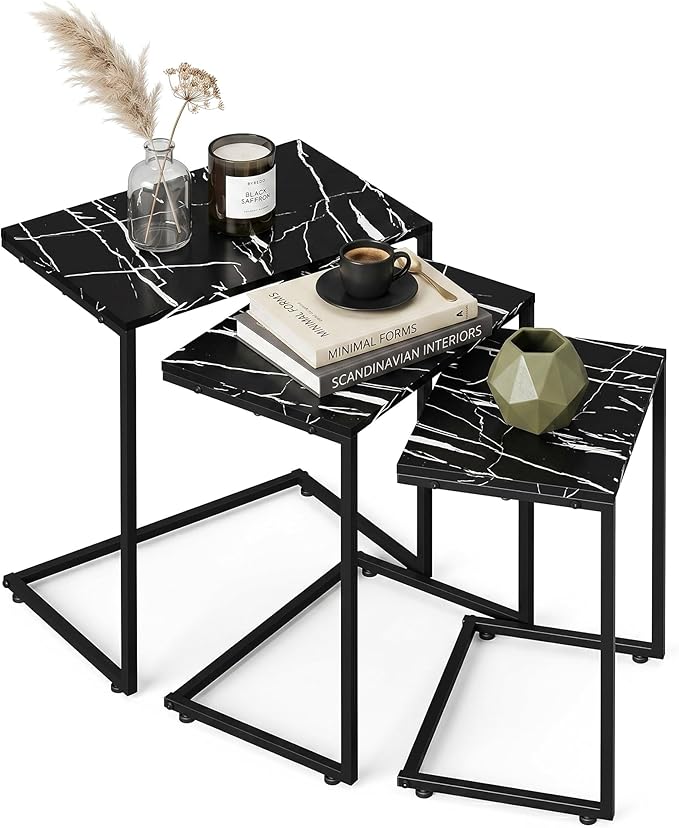 SUPER DEAL Nesting Tables Set of 3, Industrial C Shaped End Table Stackable