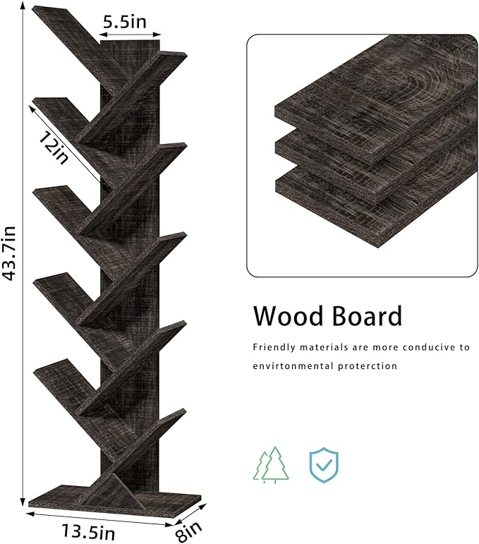 SHEEPAM 10 Tier Tree Book Shelf, Floor Standing Wood Bookshelf