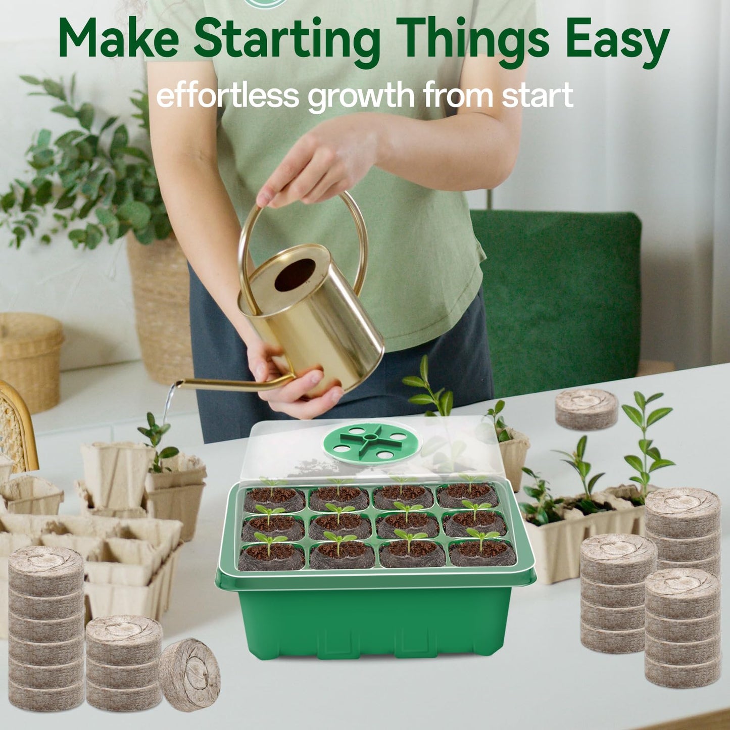 Halatool 4 Pack Seed Starter Tray with 50 PCS Peat Pellets, 48 Cells Green Seeding Starter Trays for Organic Seed Starter Soil Pods for Planting Vegetables Plants Flowers - Starting Seeds Kit