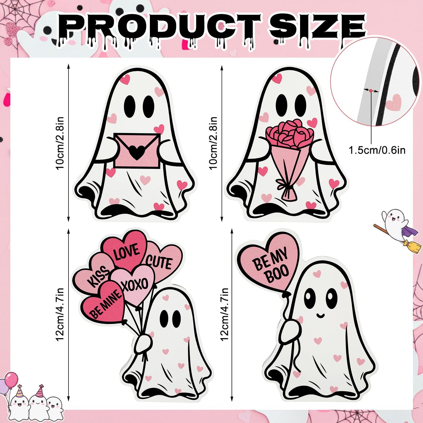 Novabright 4 Pcs Valentines Day Ghost Table Decorations Wooden Pink Heart Horror Valentines Decor Cute Ghost Boo Tiered Tray Decor Wood Centerpieces Signs Tabletop for Home Office Party Love Gifts