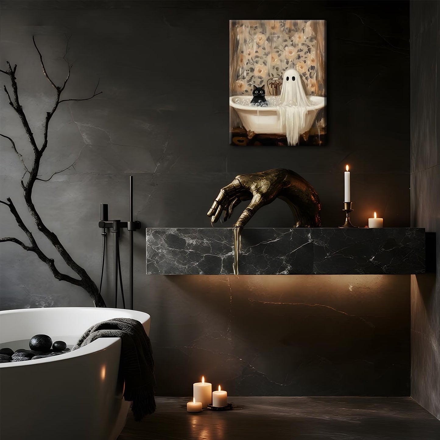 Halloween Ghost Bathroom Canvas Wall Art, Horror Ghost and Cute Black Cat in Bathtub Pictures Wall Decor, Gothic Dark Academia Paintings Prints for Toilet Dorm 12x16 inch Framed