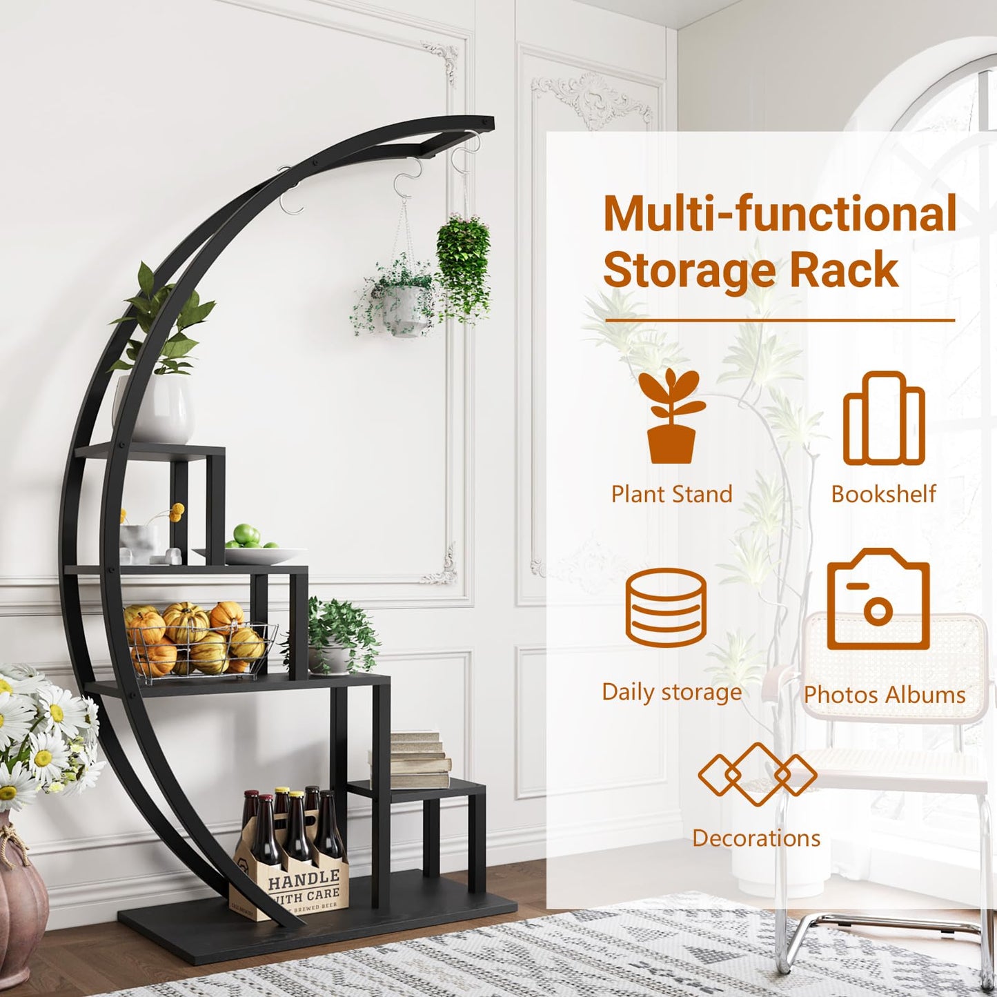 GarveeLife Plant Stand Indoor 5 Tier Tall, Metal Half Moon Plant Shelf 2 Pack, Stylish Tiered Flower Rack for Multiple Plants Display, Tall and Space-Saving Design