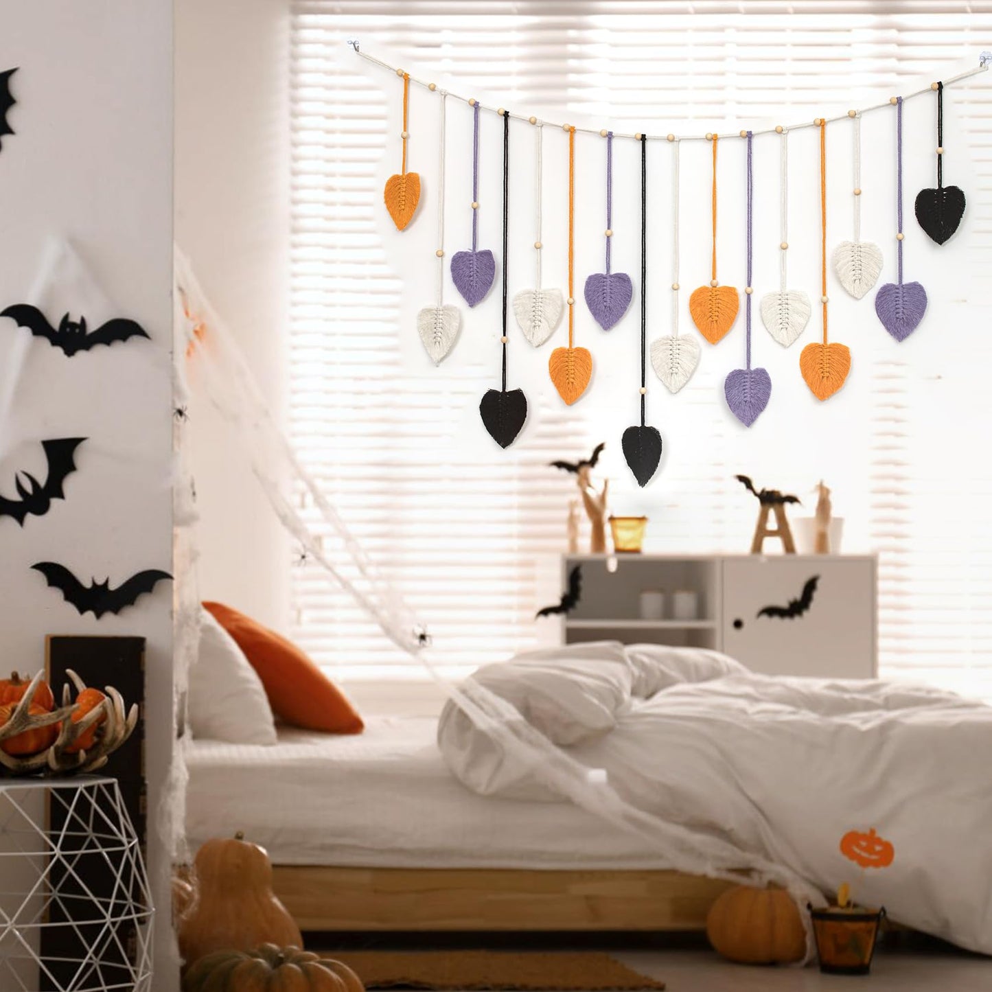 HVEST Halloween Macrame Wall Hanging Boho Decor, Purple Leaves Handmade Woven Tapestry for Bedroom Black and White Bohemian Macrame Wall Art for Living Room Decorations, 29.5L X 47W