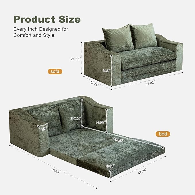 61" Convertible Sofa Bed Loveseat, Memory Foam Boneless Floor Couch