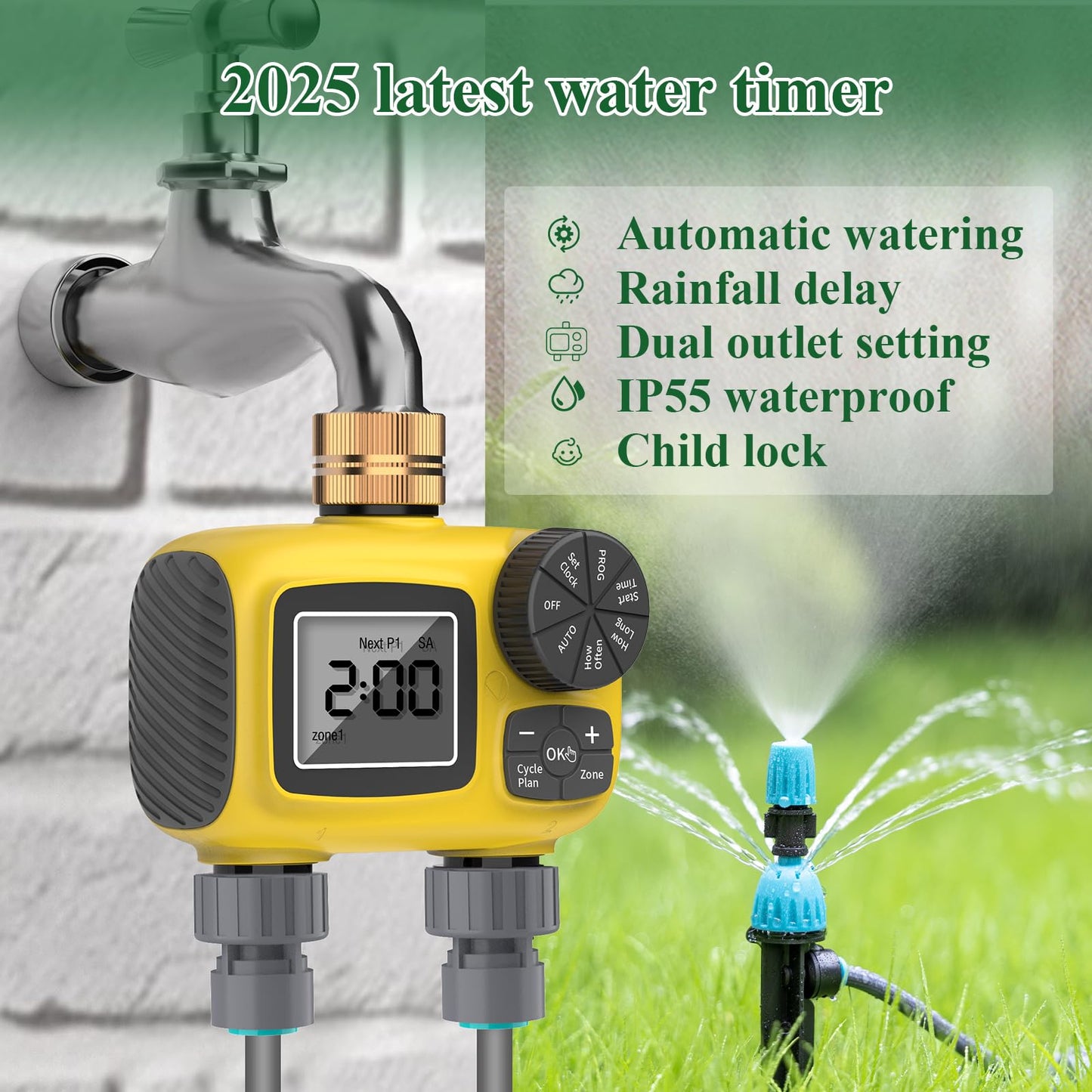 TRJZWA 150FT Drip Irrigation System Kit with 2 Zone Water Timer for Garden,High-Flow Mainline Automatic Watering System,16PCS Adjustable Nozzles,Fast-Plug Tube for Agricultural Yard,Lawn,Greenhouse
