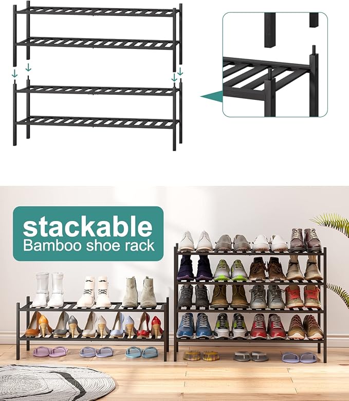 viewcare Black 4-Tier Long Shoe Rack, Bamboo Wood