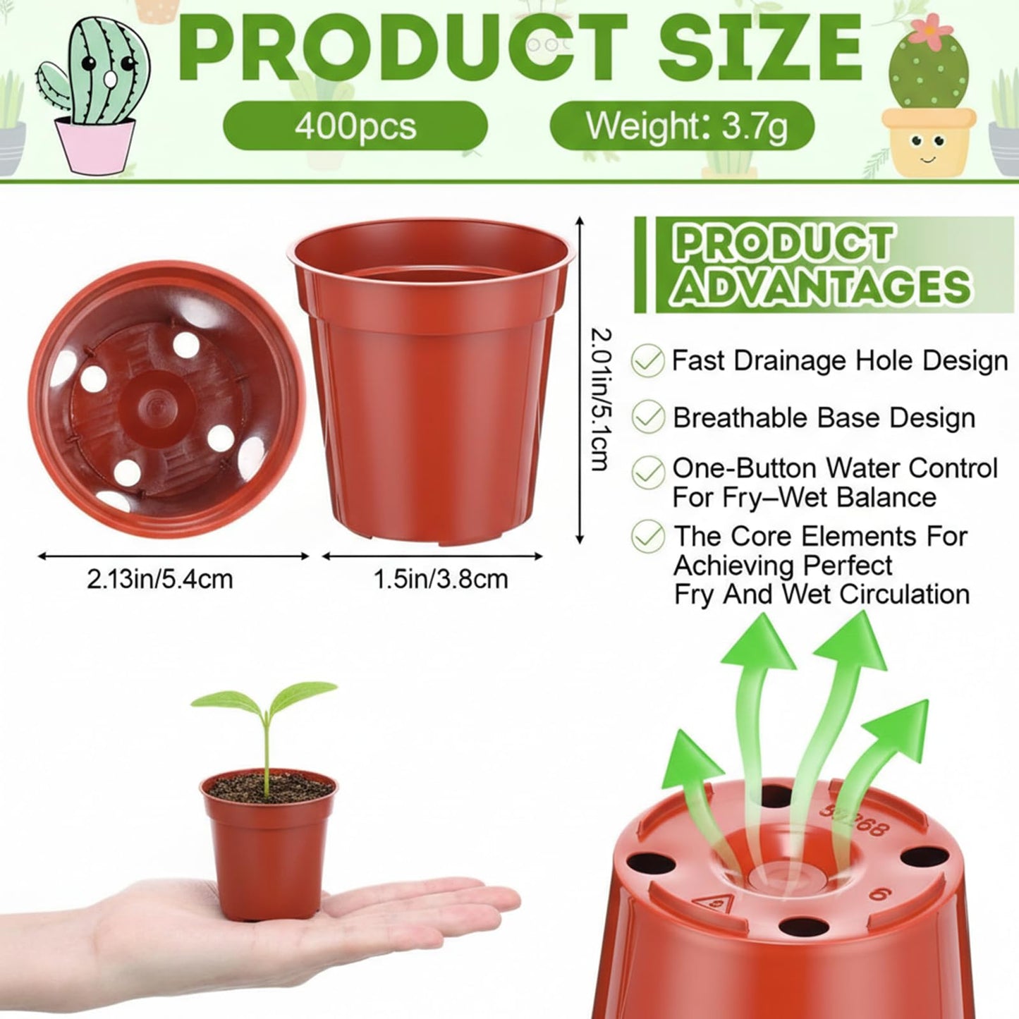 Domensi 400 Pcs 2 Inch Brick Red Nursery Pots, Mini Plastic Plant Pot Nursery Seedling Pot with Drainage Holes for Seeds Starter, Indoor Outdoor Garden Vegetables Flowers Seedlings, Gardening Gifts