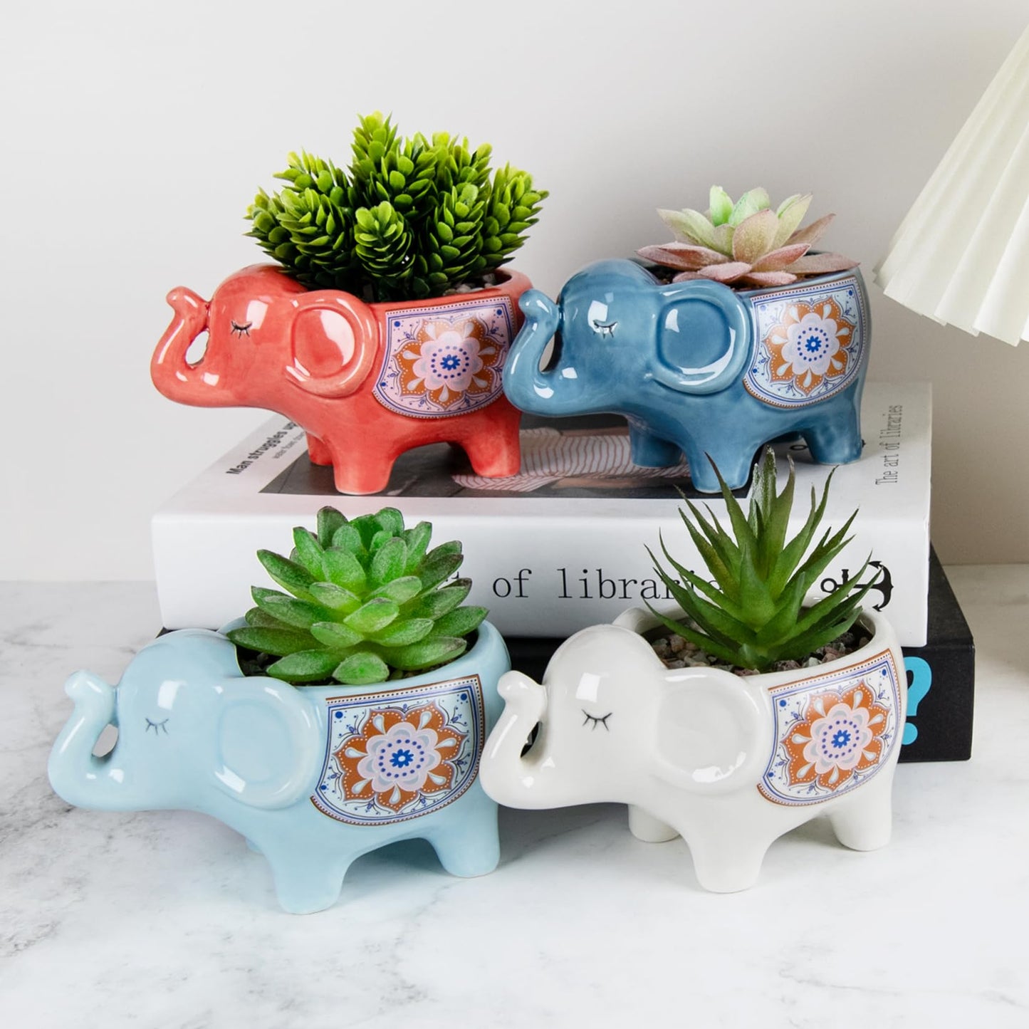 YINUOWEI Elephant Planter Cartoon Succulent Pots with Drainage 5.31 Inch Animal Planter Cute Plant Pots Succulent Planter Container Ceramic Flower Pots Perfect for Home Decor and Gifts, Set of 4