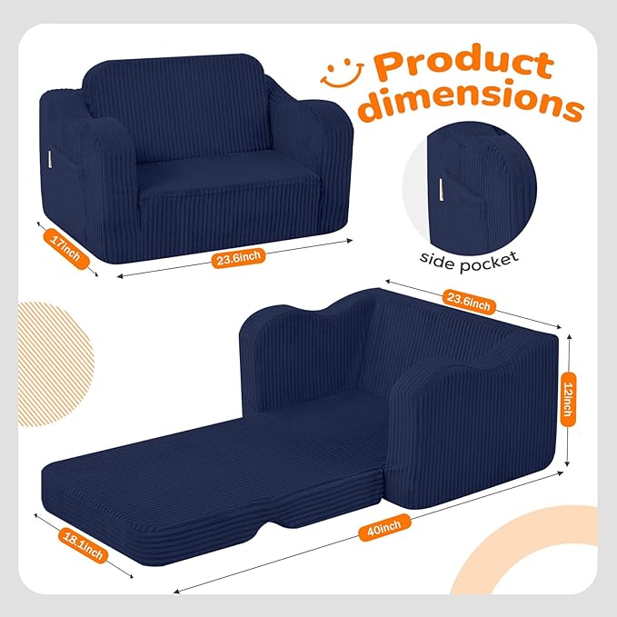 MeMoreCool Toddler Corduroy Chair – 2-in-1 Foldable Sofa Bed, Lightweight &