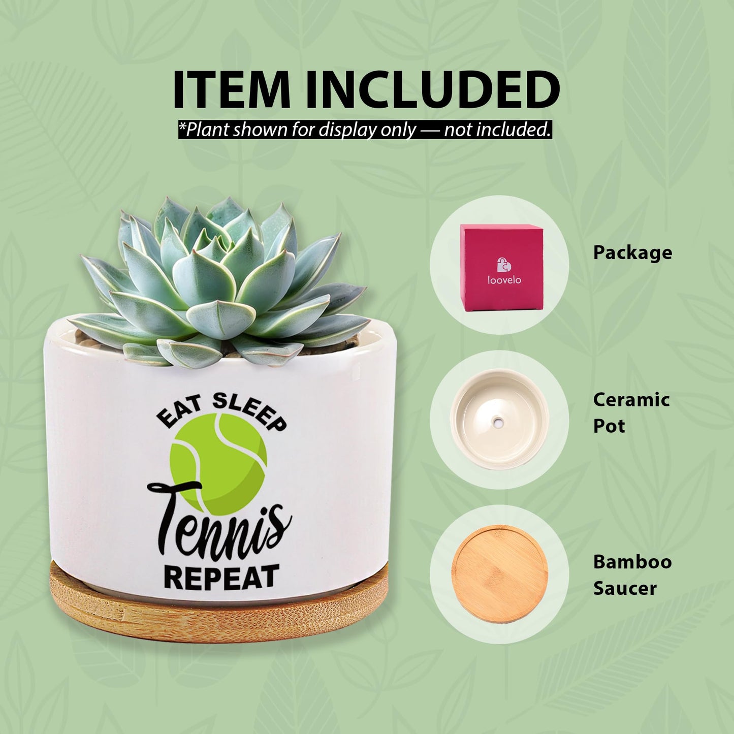 Loovelo Eat Sleep Tennis Repeat Tennis Gifts for Sports Lover Coach Player Ceramic Succulent Plant Pot with Bamboo Tray Home Office Decor 3.5 Inch White (No Plants)