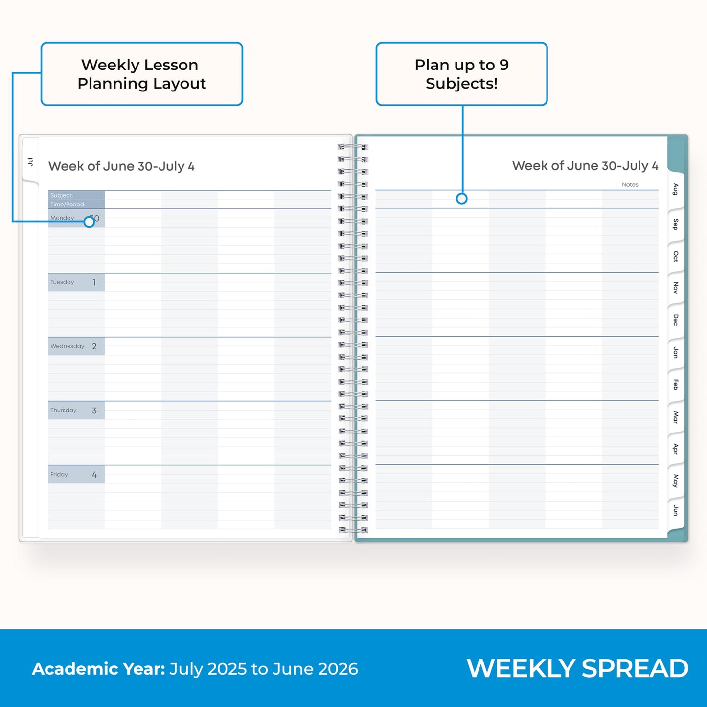 Blue Sky 2025-2026 Weekly and Monthly Academic Year Teacher Lesson Planner Calendar, July 2025 - June 2026, 8.5" x 11", Flexible Cover, Wirebound, Laminated Tabs, Storage Pocket, Dots
