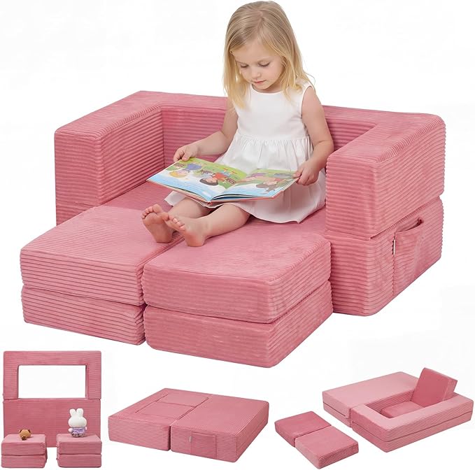 MeMoreCool Pink Corduroy Kids Play Couch, Modular Toddler Couch