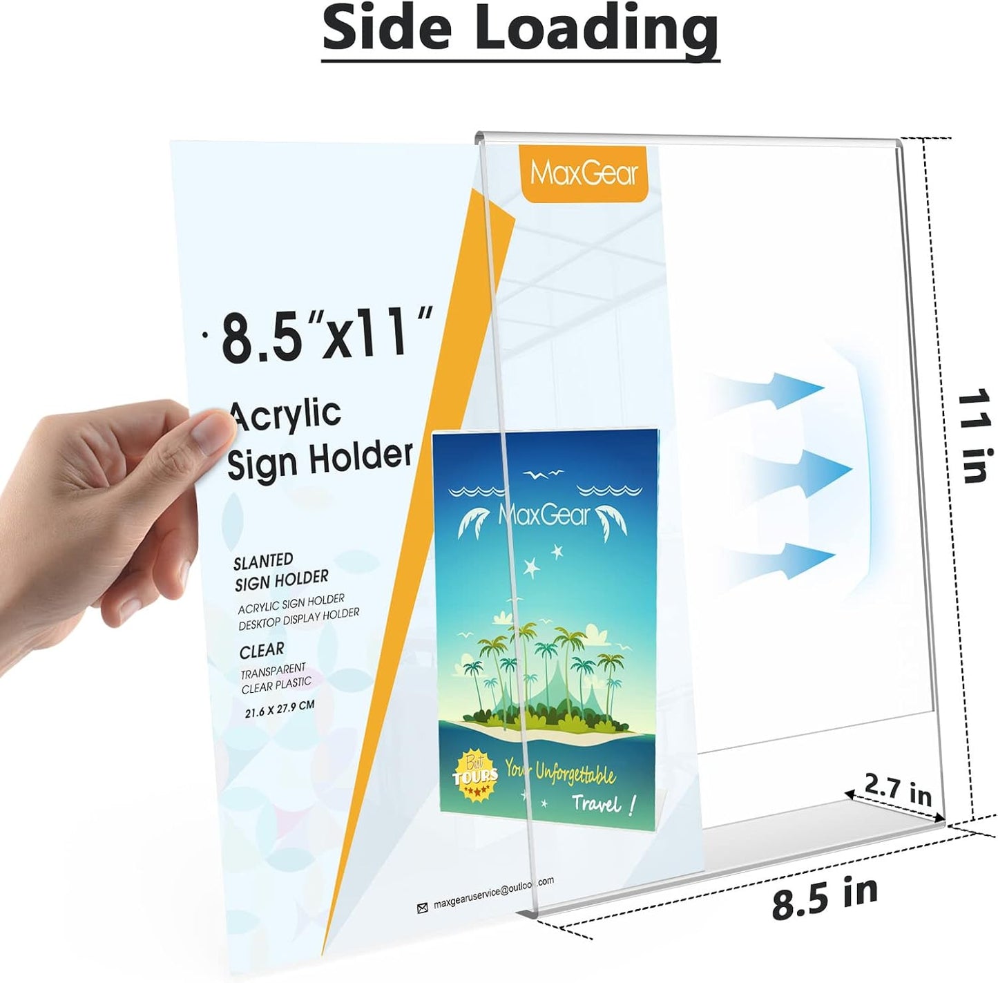 MaxGear Acrylic Sign Holder 8.5 x 11 Inches , Clear Sign Holders Plastic Display Stand Slant Back Countertop Display Picture Frames for Menus, Flyer, Use In Office, Store, 32 Pack