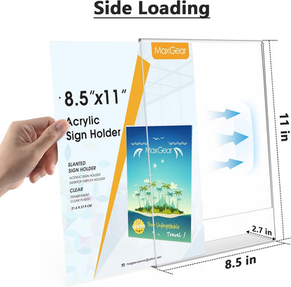 MaxGear Acrylic Sign Holder 8.5 x 11 Inches, Clear Sign Holders Plastic Display Stand Slant Back Countertop Display Picture Frames for Menus, Flyer, Use In Office, Store, 20 Pack