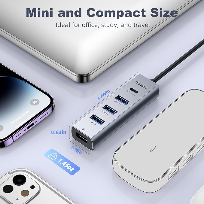 intpw USB C to USB A Hub Long Cable 4 Ports Type C Hub USB 3.0 5Gbps Aluminum Adapter Multiport USB C Hub for Laptop, Mac, iPad, PC (3.94FT(5in1,BC))