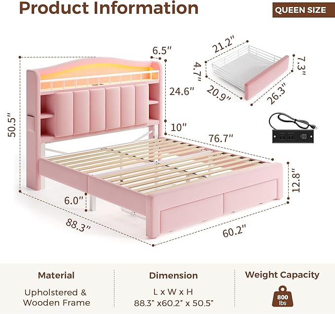 Queen LED Bed Frame with Storage Headboard & 2 Storage Drawers, Princess Velvet