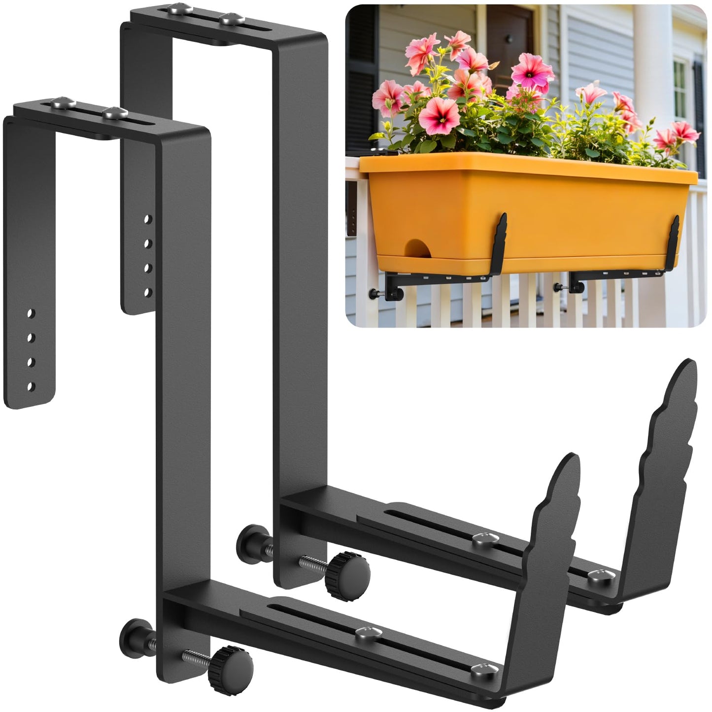 Window Box Brackets, Adjustable Planter Box Brackets, Heavy Duty Iron Flower Box Bracket for Deck Railing with Upgraded Bottom Support - Ideal for Balconies, Fences, and Gardens (2)