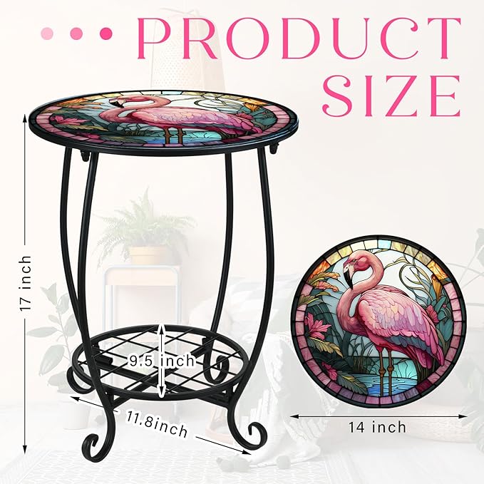 Cinnvoice Outdoor Side Table Round Small Mosaic Patio Accent Indoor End Plant