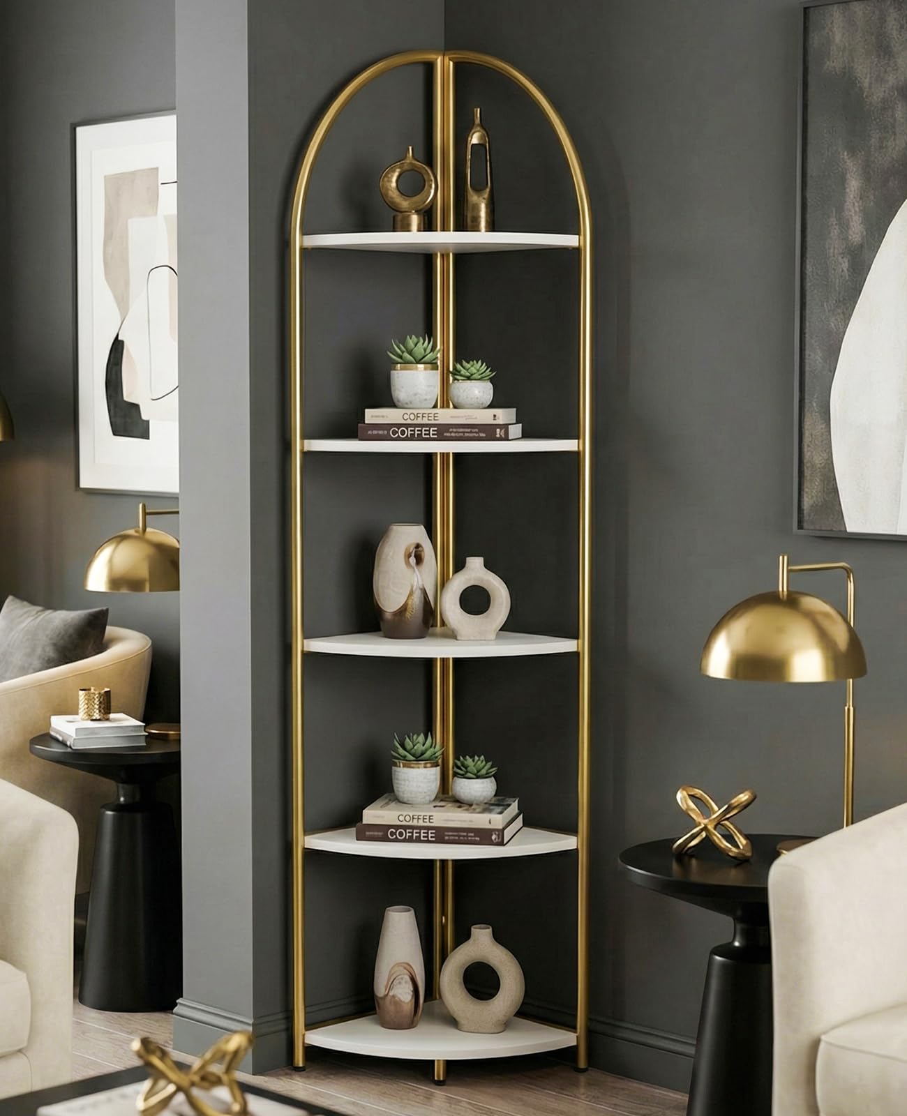 Rifoer 5 Tier Corner Shelf, Luxury Gold Corner Plant Stand with White Wood Shelves,Modern Metal Corner Bookshelf Display Rack,Premium Corner Storage Shelving Unit for Living Room,Bedroom,Bathroom