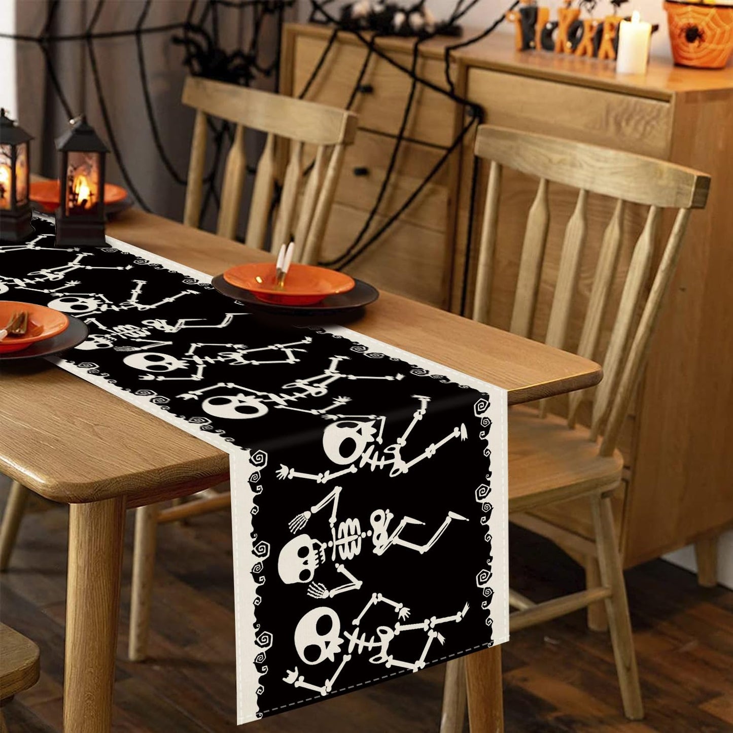 Halloween Table Runner Skeleton Dancing Funny Black Linen Seasonal Kitchen Dining Table Home Outdoor Party Decorations (13'' x 90'')