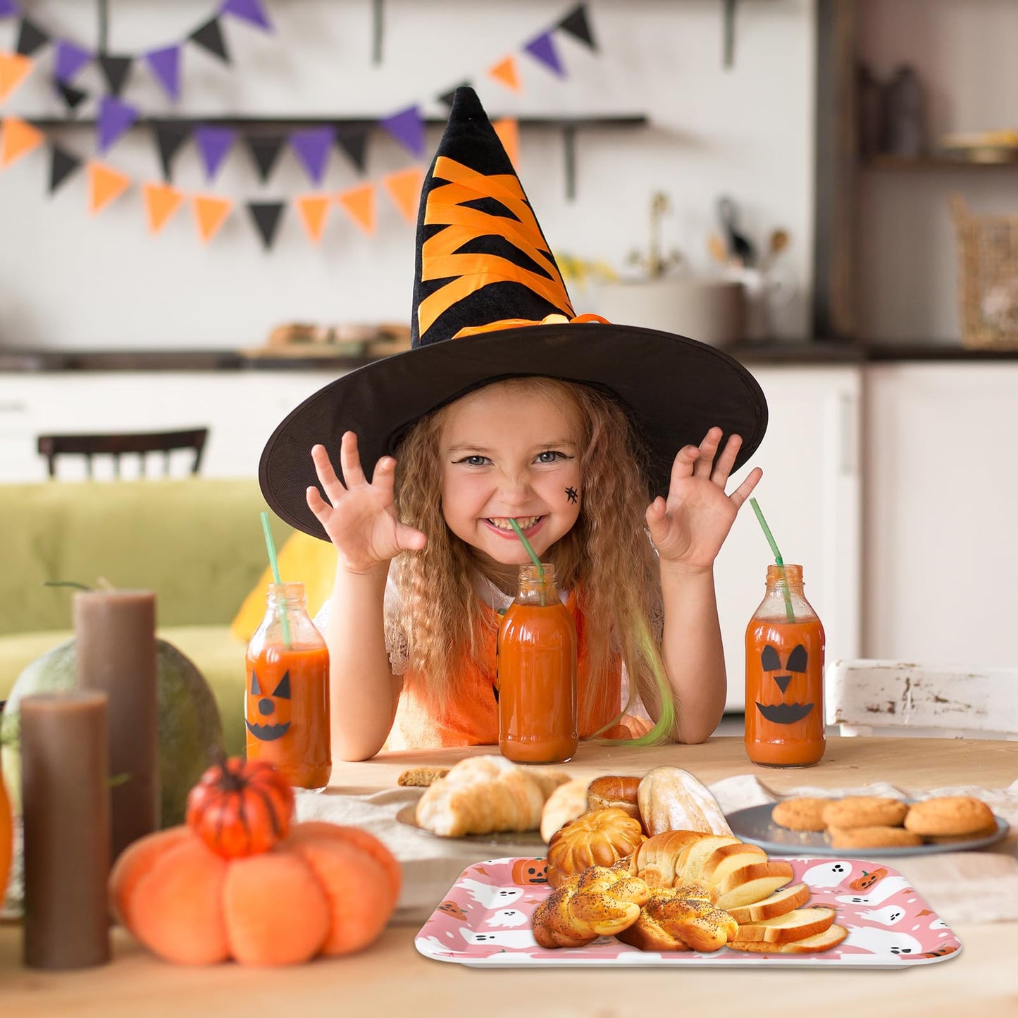 Whaline 3 Pcs Halloween Serving Trays Reusable Serving Platters Pink Boo Ghost Pumpkin Food Snack Trays for Birthday Party Baby Shower Supplies, 10 x 13 Inch