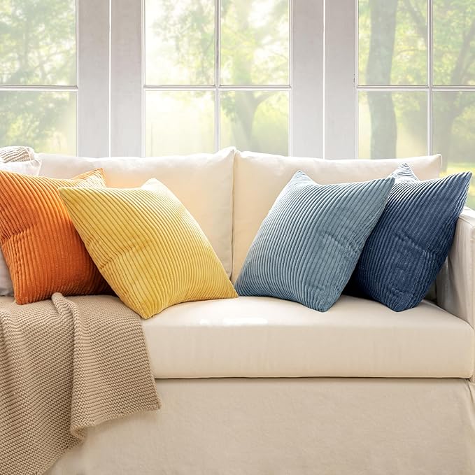 MIULEE Pack of 4 Blue-Orange Corduroy Decorative Throw Pillow Covers 18x18 Inch