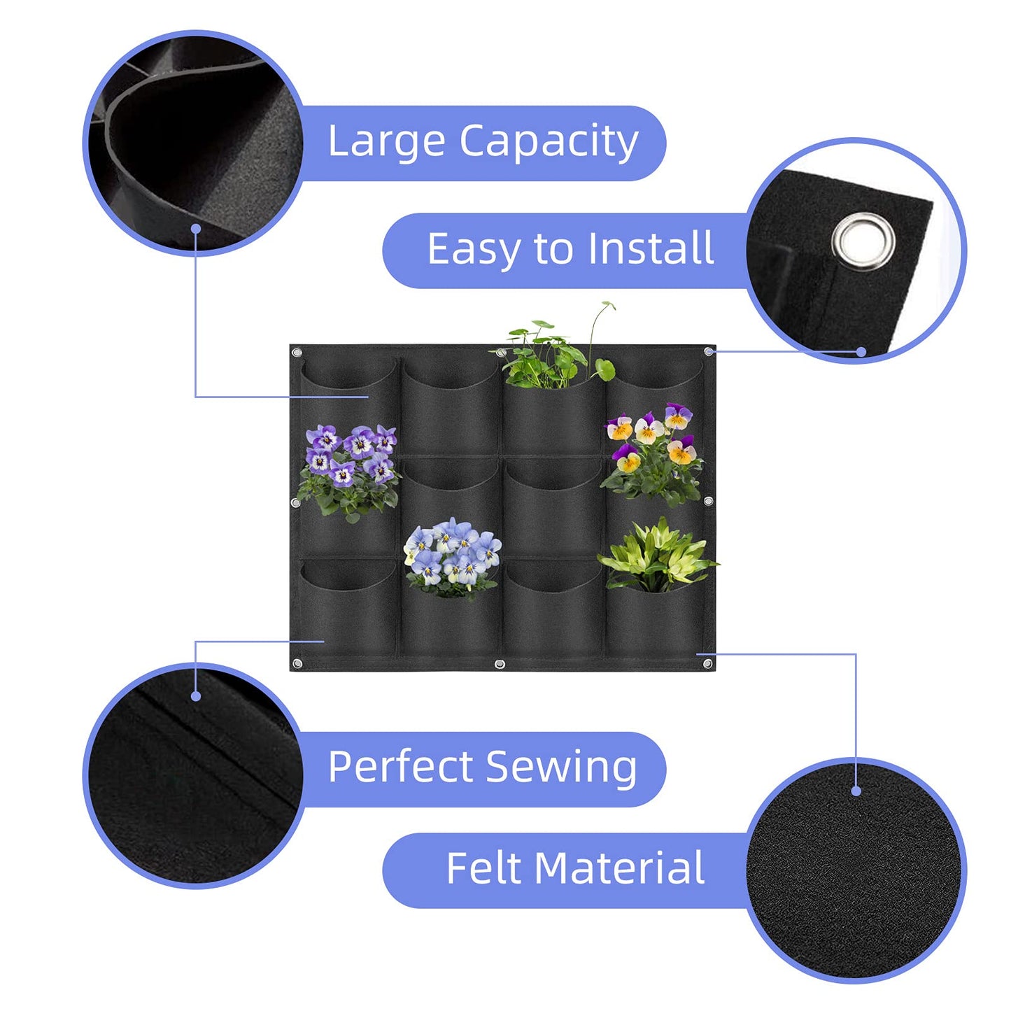 12 Pockets Hanging Planter Bags, Hanging Vertical Wall Mounted Plant Planting Grow Bags, Herb Garden Planter Outdoor Indoor Growing Bag, Gardening Vertical Greening Flower Container(0.6m×0.8m, Black)