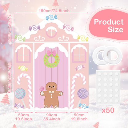 Hahafelt 4 Pcs Pastel Candy Christmas Gingerbread Door Covers Decoration Xmas Pink Gingerbread House Candy Door Backdrop Christmas Photo Booth Props Porch Sign for Holiday Classroom Home Party Decor