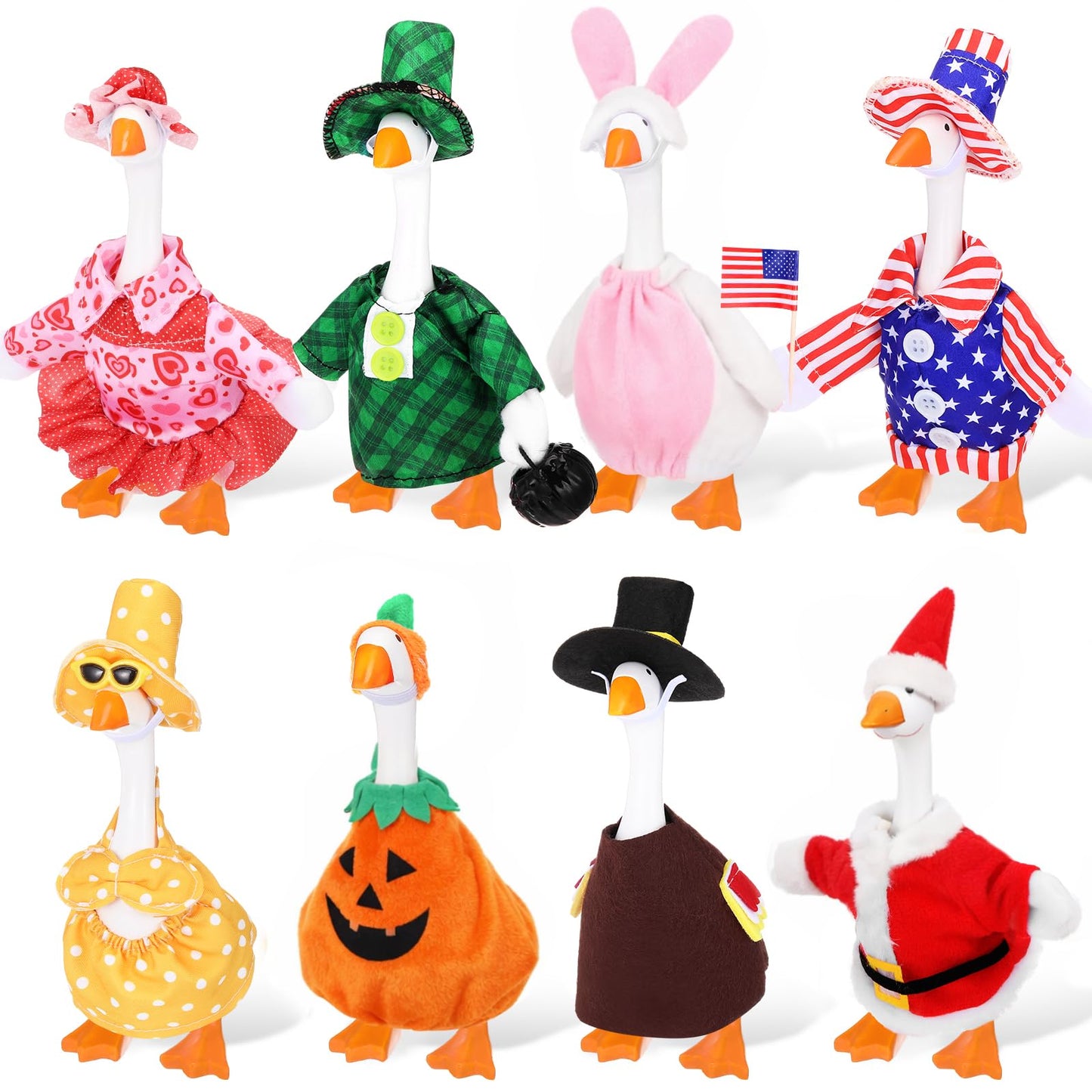 FuWeave 8 Set Holiday Porch Goose Outfits 250th Anniversary Summer 4th of July Fall Halloween Christmas Valentine St. Patrick Easter Lawn Porch Goose Clothing for Patio Yard Lawn Decor(Style1,7 Inch)