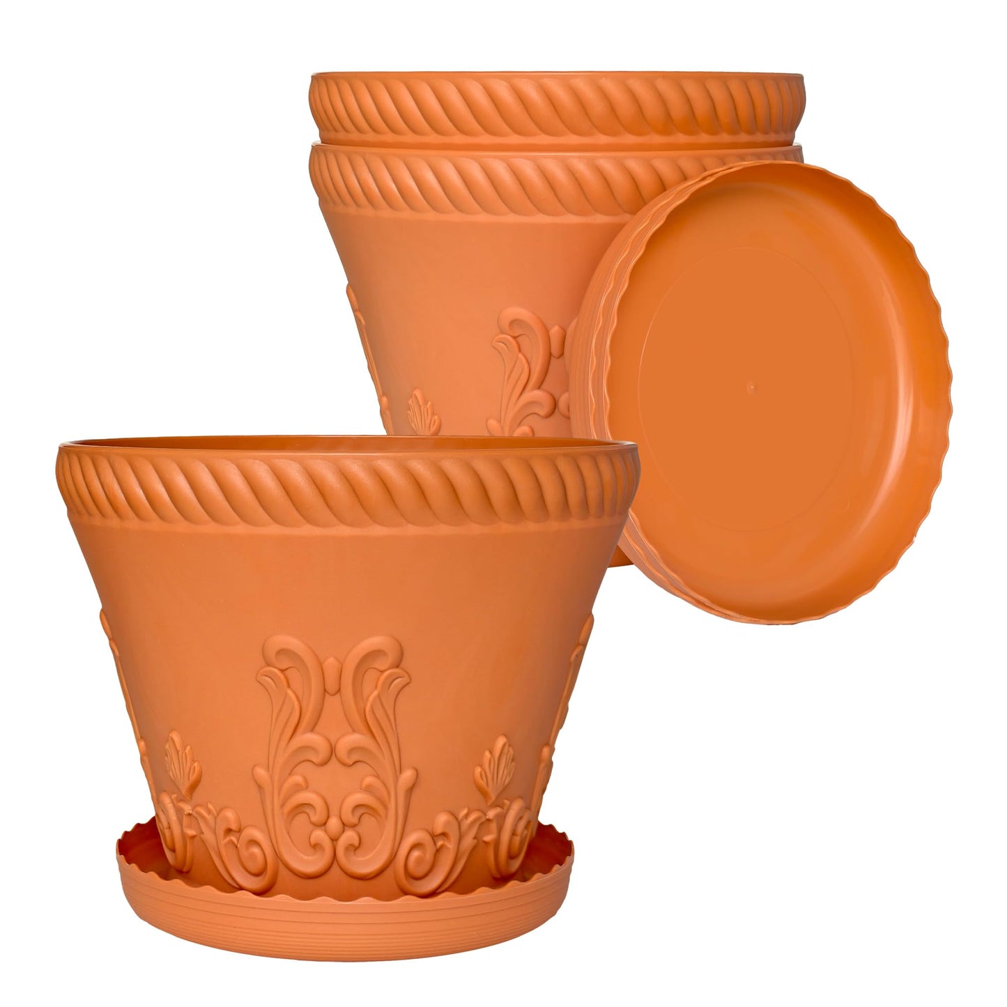 OUMUHE 11.4 Inch Plastic Planters with Drainage and Saucers, Set of 3, Decorative Flower Pots for Indoor Outdoor Use, Available in Terracotta & White (Terracotta)