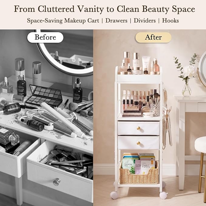 Makeup Organizer Cart with Drawers & 8 Dividers, Rolling Beauty Cart with Hooks for Cosmetics & Skincare, Space Saving Vanity Storage for Bathroom, Bedroom & Small Spaces (White)