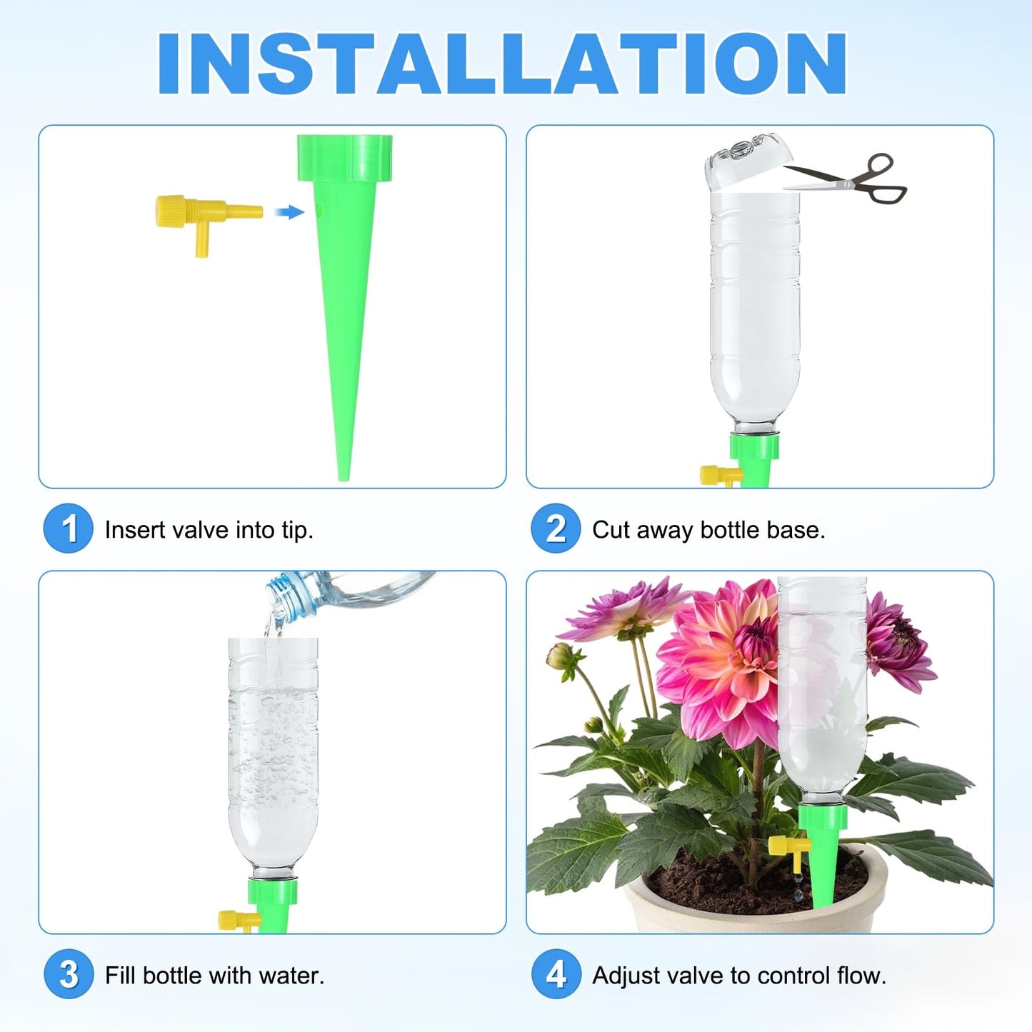 M METERXITY 16-Pack Self Watering Spikes for Plants, 4.3 Inch Plastic Plant Watering Devices with 16 Regulator for Indoor/Outdoor Pots, Garden Water Planter System [Green]